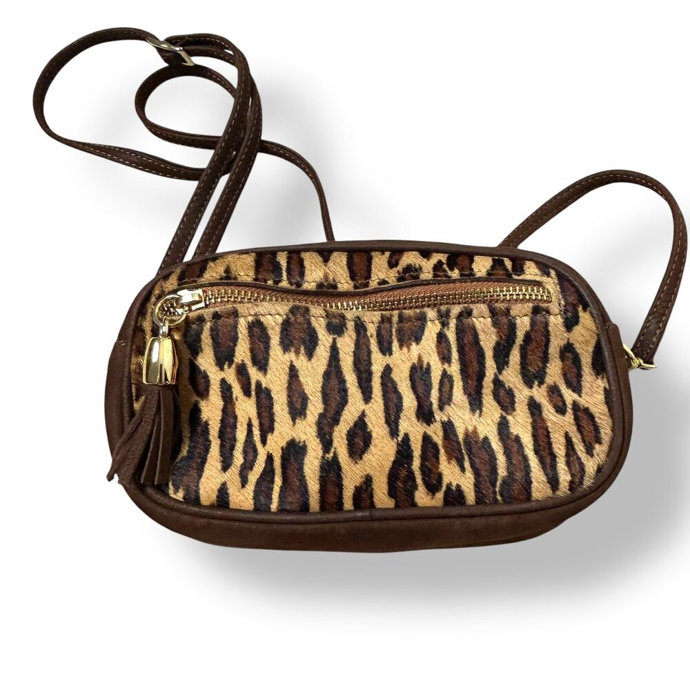 Italian Leather Crossbody or Shoulder Bag Leopard Print Calfskin Tassel